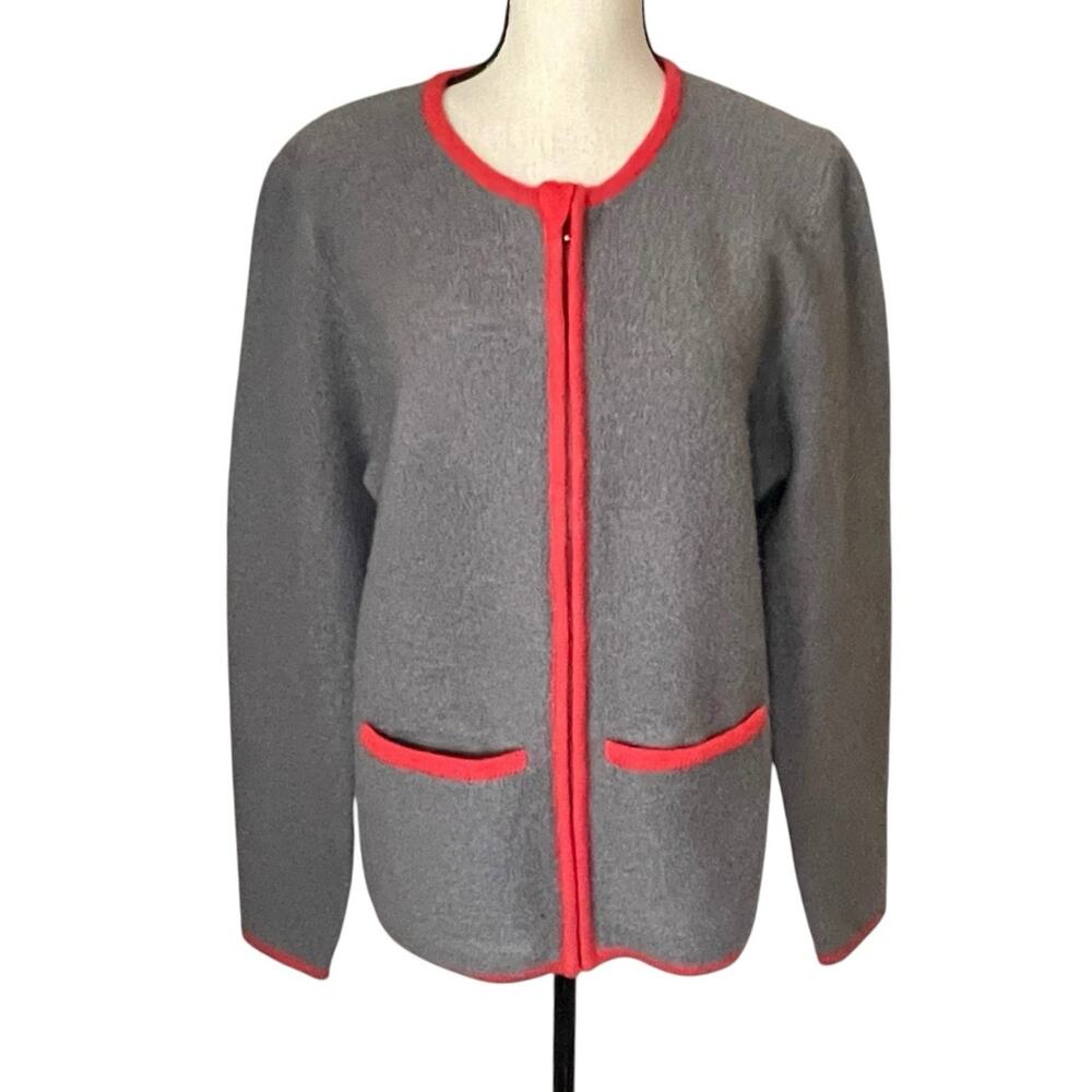 Cabela’s 100% Wool Full Zip Cardigan Sweater Large Gray Red Minimalist Alpine